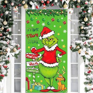 Grinch Backdrop for Front Door Decor Holiday Xmas Party Supplies 71x35 Inches